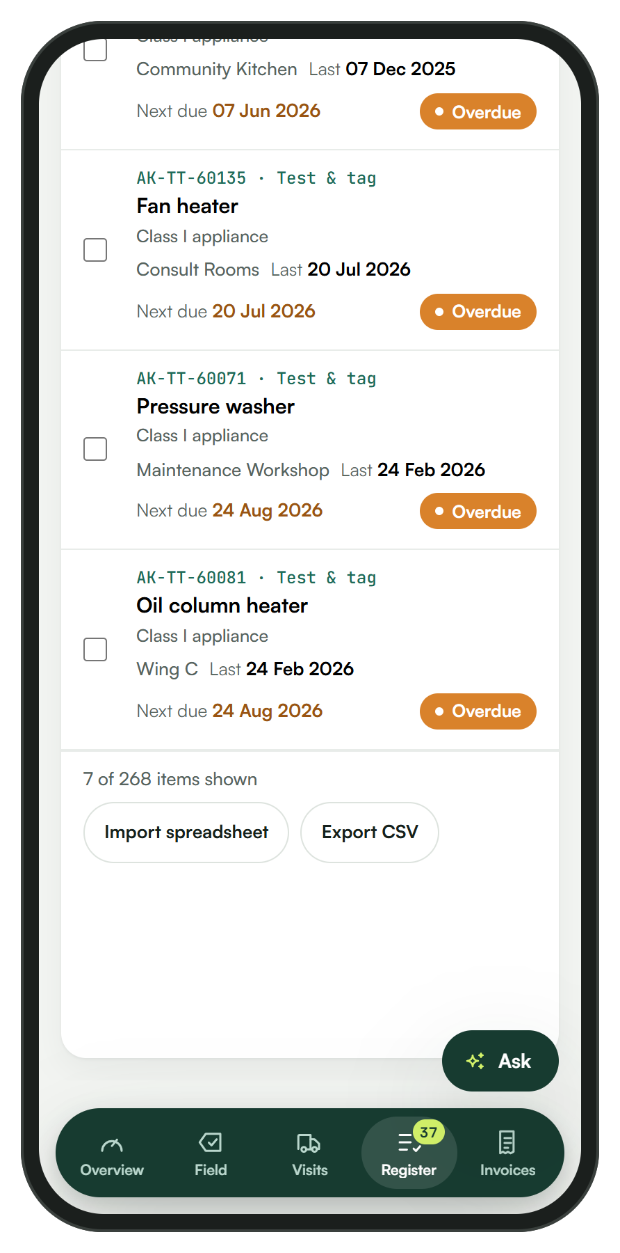 The register on a phone, filtered to overdue items